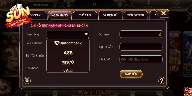 Nạp tiền thông qua chuyển khoản ngân hàng nhanh chóng
